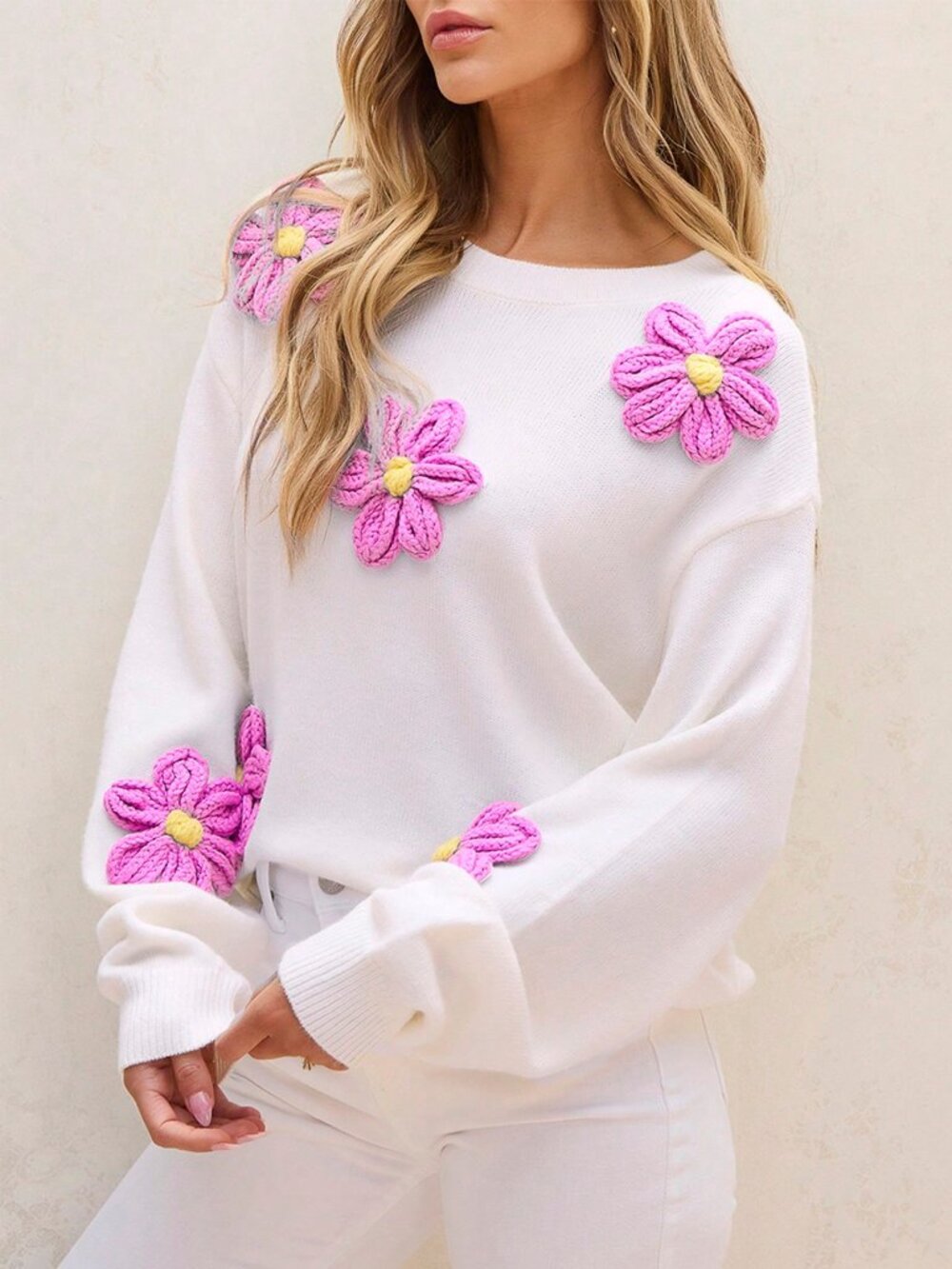 White Casual Women's Cute Elegant Floral Long Sleeve Crew Neck Sweater - Picture 3 of 7